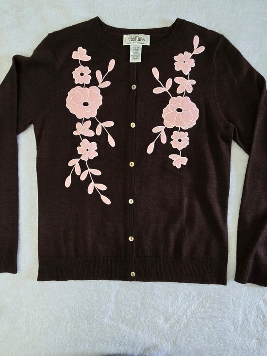 Bob Mackie Sweaters - Vintage Y2K Bob Mackie Wearable Art Cardigan Brown Embroidered Wool Blend, Sz S